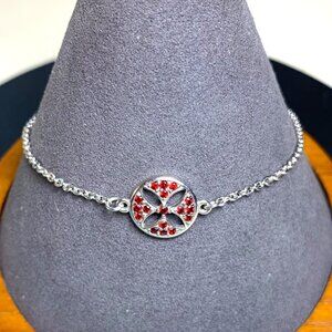 Red CZ Floral Design Circle Station Bracelet Sterling Silver 925 Adjustable 7-8"